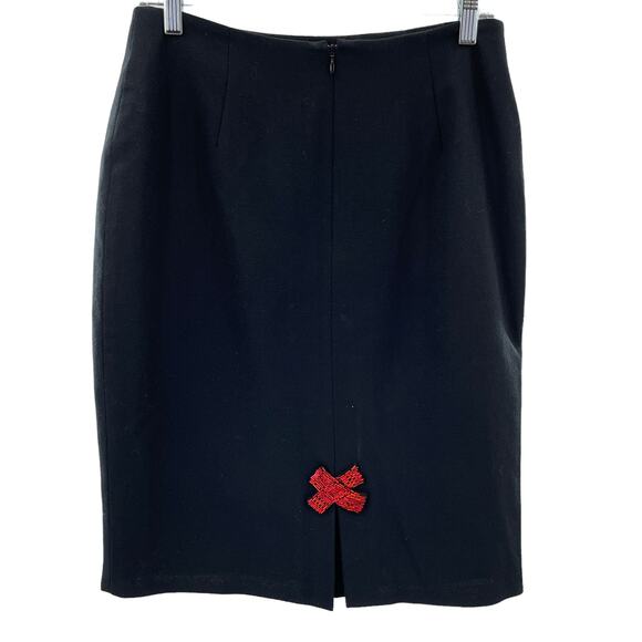 Vintage Anya Black Wool Lined Back Vent Red Beaded Bow Pencil Skirt Size 12 - Picture 2 of 12